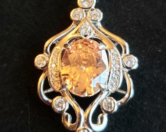Peach Champagne Chandelier Style Necklace, See Video! 925 Sterling Silver Vintage Style w/9+ CZs 8x10 Simulated Gem, 18" Sterling Chain