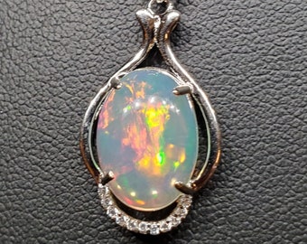 Natural Fire Opal Necklace, See Super Red Fire On Video! 10x14mm 2.95 CT Ethiopian Opal, 925 Sterling Silver Pendant w/CZ Trim, 18" Chain