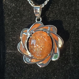 Natural Orange Sunstone Necklace, Here Comes The Sun! See Video,10x12 Orange Sunstone,925 Sterling Sun Design Pendant w/18&quot; Sterling Chain