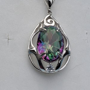 Genuine Mystic Topaz Necklace, See Video! Big 10x14mm Stone, 925 Sterling Silver Swirl Design Necklace w/CZ, 18" Sterling Chain