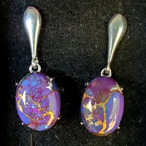 Mojave Purple Turquoise Earrings, 10x14mm Stone Cabs, 925 Sterling Silver Settings, Hook Style, Gift Box Included