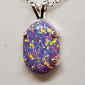 Lavender Fire Opal Necklace, See Video! 13x18mm Lab Created Opal w/Multicolored Fire, Choice Of 925 Sterling Pendant, 18" Sterling Chain
