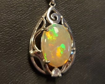 Big Natural Orange Opal Necklace, Must See Video! 11x14mm 4 CT Ethiopian Opal, 925 Sterling Swirl Pendant w/CZ, 18" Sterling Chain