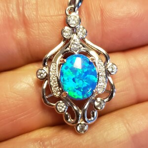 Blue Opal Necklace, See Video! 925 Sterling Chandelier Design Pendant with 9+ CZs And Chain. 8x10mm Lab Created Opal, 20&quot; Sterling Chain