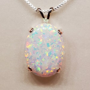 Large White Opal Necklace,See Video For Multicolored Fire!15x20mm Lab Created Opal, 925 Sterling Pendant Choice Of Styles,18" Sterling Chain
