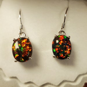 Black Opal Earrings, See Multicolored Fire On Video! 8x10mm Lab Created Opals, 925 Sterling Silver Ear Wire Style, Velvet Shell Box