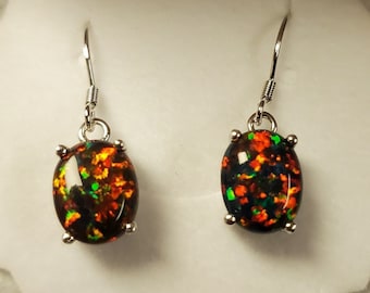 Black Opal Earrings, See Multicolored Fire On Video! 8x10mm Lab Created Opals, 925 Sterling Silver Ear Wire Style, Velvet Shell Box