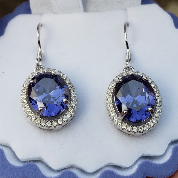 Tanzanite Earrings, See Video! Premium Tanzanite Colored CZs 8x10mm, 925 Sterling Silver Crystal Halo Dangle Ear Wire Style In Shell Box