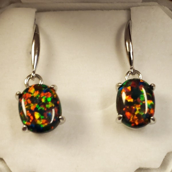 Black Opal Earrings, See Mutlicolored Fire On Video! 8x10mm Lab Created Opals, 925 Sterling Ear Wire Style, Shell Box