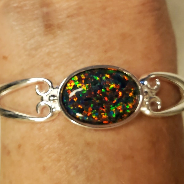 Black Fire Opal Bracelet, See Video For Multicolored Fire! Big 13x18mm Lab Created Opal, 960 Argentium Silver Scroll Cuff Style