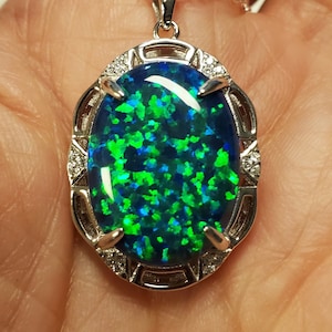 Large Peacock Opal Necklace, Must See Video! 15x20mm Lab Created Opal, 925 Sterling Art Deco Style Pendant w/CZ Trims, 20" Sterling Chain