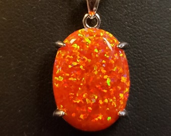 Large Firey Orange Opal Necklace, See Video For Fire! 15x20mm Lab Created Opal, 925 Sterling Silver Pendant w/20" Sterling Chain