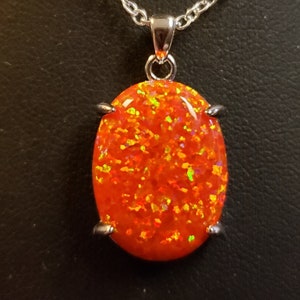 Large Firey Orange Opal Necklace, See Video For Fire! 15x20mm Lab Created Opal, 925 Sterling Silver Pendant w/20" Sterling Chain