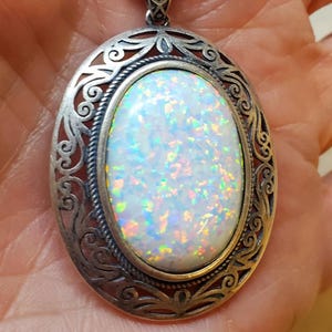 Huge White Opal Necklace,Must See Pretty Fire On Video! 18x25mm Lab Created Opal, Sterling Silver Vintage Style Pendant, 20&quot; Sterling Chain