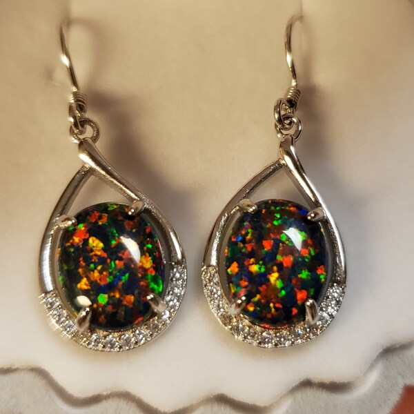 Black Opal Earrings, See Video! Beautiful Colors 8x10mm Lab Created Opals, 925 Sterling Silver Dangle w/Crystal Accents in Shell Box