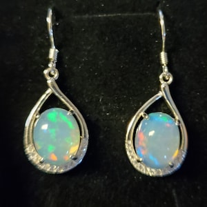 Natural Fire Opal Earrings, See Colorful Flash On Video! 8x10mm Ethiopian Opals, 925 Sterling Teardrop Earrings w/Crystal Trim, Ear Wires