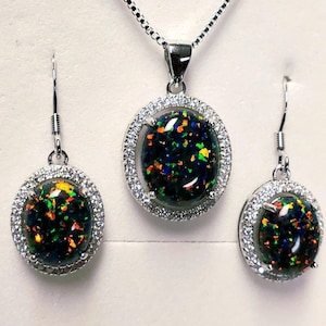 Black Opal Necklace/Earring Set, See Fire On Video! 10x12/8x10mm Lab Created Opals, 925 Sterling CZ Halo Settings, 18" Sterling Chain