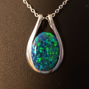 Peacock Blue Opal Necklace, See Green Flash On Video! Big 13x18mm Lab Opal, Sleek 925 Sterling Silver Pendant w/Sterling Chain