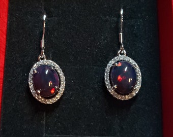 Real Black Opal Halo Earrings, See Fire On Video! 9x7mm Ethiopian Opals, 925 Sterling Crystal Halo Ear Wire Style