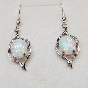 White Opal Earrings, See Pretty Fire On Video! 8x10mm Lab Created Favorite Opals, Leaf Design 925 Sterling Settings & Ear Wires