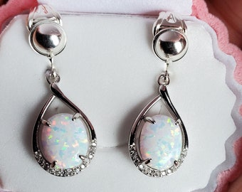 White Opal Clip-On Earrings, See Video! 8x10mm Lab Created Opals, 925 Sterling Teardrop w/Crystal Trim, Choice Of Styles