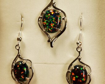 Black Opal Necklace/Earring Set, See Fire On Video! 10x12/8x10mm Lab Created Opals, 925 Sterling Leaf Shape Settings, 18" Sterling Chain