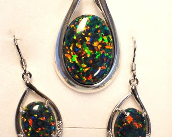 Black Opal Set Necklace/Earring Set, See Video For Multicolored Fire! Big 13x18mm & 8x10mm Lab Created Opals, 18" 925 Sterling Silver Chain