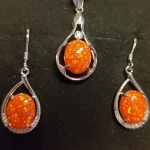 Orange Fire Opal Set Necklace Earring, See Video! Gorgeous Lab Created Opals 8x10mm, 18" 925 Sterling Silver Pendant/Earrings