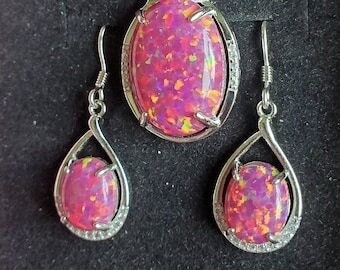 Scarlet-Magenta Opal Necklace/Earring Set, 13x18mm & 8x10mm Lab Created Opals, 925 Sterling Settings, 18" Chain