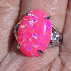 Bright Pink Opal Ring, Big 13x18mm Lab Created Opal, See Video! 926 Sterling Setting, 2 CZ Side Stones. Velvet Box