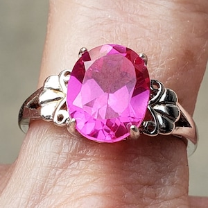 Bright Pink Tourmaline Ring, See Video! Brilliant Pink Tourmaline Premium 8x10mm Lab Grown Stone,925 Sterling Silver Crescent Ring
