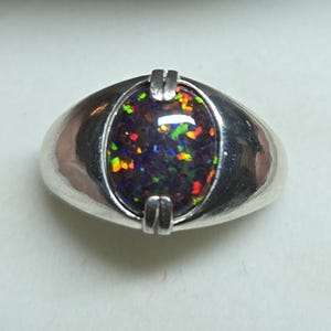 Black Opal Unisex/Men&#39;s Ring, See Video For Multicolored Fire! 8x10mm Lab Created Opal, Sleek 925 Sterling Silver Ring