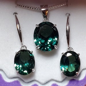 Alexandrite Color-Change Necklace/Earring Set, See Video! 10x12mm/8x10mm Lab Synthetic Gems, 925 Sterling, 18" Chain.Scroll To Details