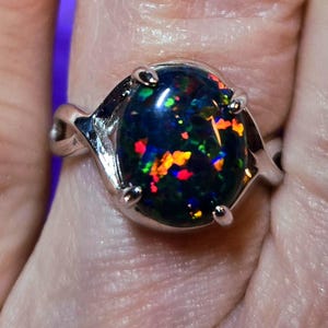 Black Fire Opal Ring, See Multicolored Fire On Video! 9x11mm Lab Created Opal, 925 Sterling Silver Crossover Ring