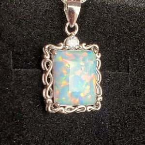 White Opal Rectangular Necklace, See Fire On Video! 10x12mm Lab Created Opal, 925 Sterling Twist Frame Pendant,18" Sterling Chain