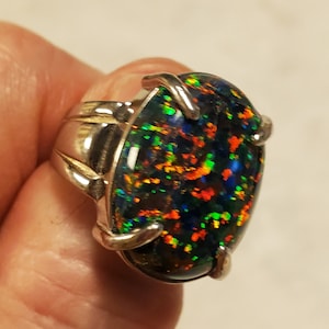 Huge Black Opal Ring, See Multicolored Fire On Video! 15x20mm Lab Created Opal, Heavy 925 Sterling Ring, Velvet Ring Box