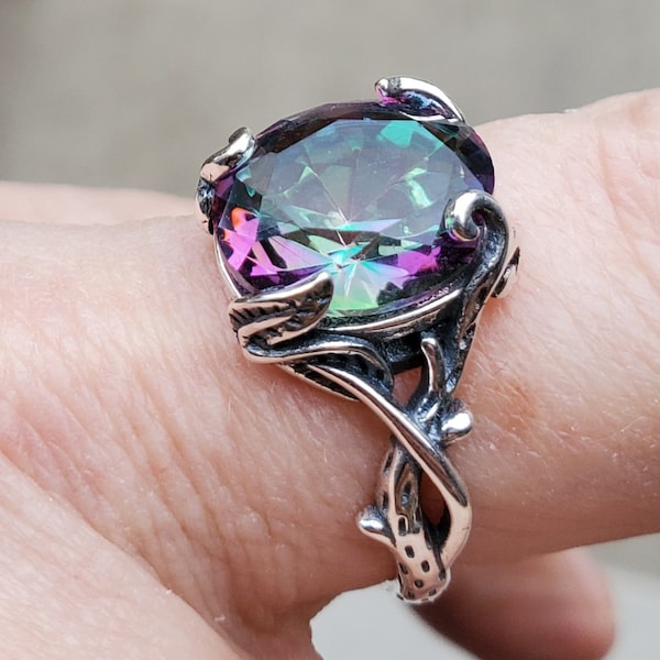 Genuine Mystic Rainbow Topaz Ring, 10x12mm Genuine Topaz, Sterling Silver Ring in Vine and Leaf Design, Adjustable Size From 5-8.5