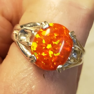 Orange Fire Opal Unisex/ Men's Ring, See Video For Fire! Big 10x12mm Lab Created Opal, 925 Sterling Silver Ring, Sizes in Dropdown image 1