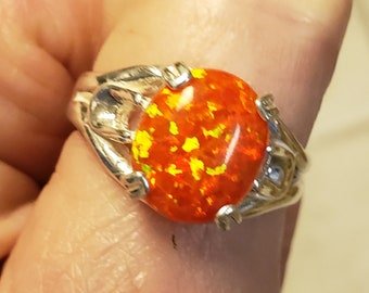 Orange Fire Opal Unisex/ Men's Ring, See Video For Fire! Big 10x12mm Lab Created Opal, 925 Sterling Silver Ring, Sizes in Dropdown