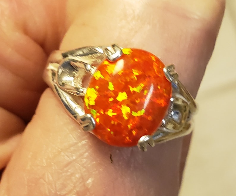 Orange Fire Opal Unisex/ Men's Ring, See Video For Fire! Big 10x12mm Lab Created Opal, 925 Sterling Silver Ring, Sizes in Dropdown image 1
