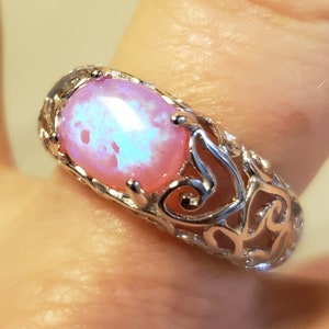 Pink Opal Ring, See Video For Gorgeous Blue Flash! 9x7mm Lab Created Opal, 925 Sterling Silver Filigree Ring
