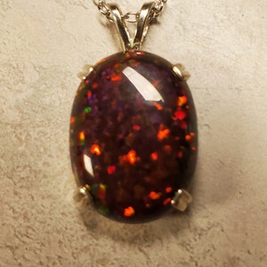 Large Black Cherry Opal Necklace, Must See Cherry Fire On Video 15x20mm Lab Created Opal, Unisex 925 Sterling Pendant, 18 Sterling Chain image 4