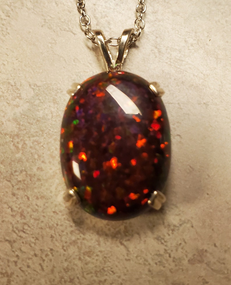 Large Black Cherry Opal Necklace, Must See Cherry Fire On Video 15x20mm Lab Created Opal, Unisex 925 Sterling Pendant, 18 Sterling Chain image 4