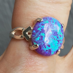Deep Lavender Purple Opal Ring, See Video For Blue Flash! 10x12mm Lab Opal. 925 Sterling Silver V Shank Ring, Size 5.5, 7.5