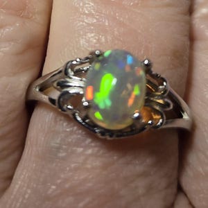 Natural Fire Opal Ring, See Video! Ethiopian 9x7-8x6mm Opal, 925 Sterling Silver Fleur de Lis Ring, Sizes In Dropdown