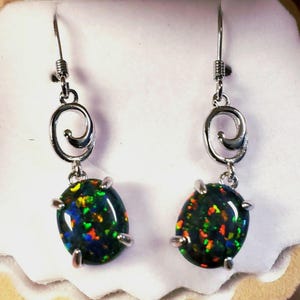 Black Opal Swirl Earrings, See Multicolored Fire On Video! 8x10mm Lab Created Opals, 925 Sterling Swirl Earrings, Wire Closure w/Shell Box