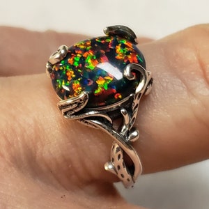 Black Opal Vine Ring, See Video! Big Colorful 10x12mm Lab Created Opal Sterling Silver Vine And Leaf Ring. Adjustable Size 5-8.5