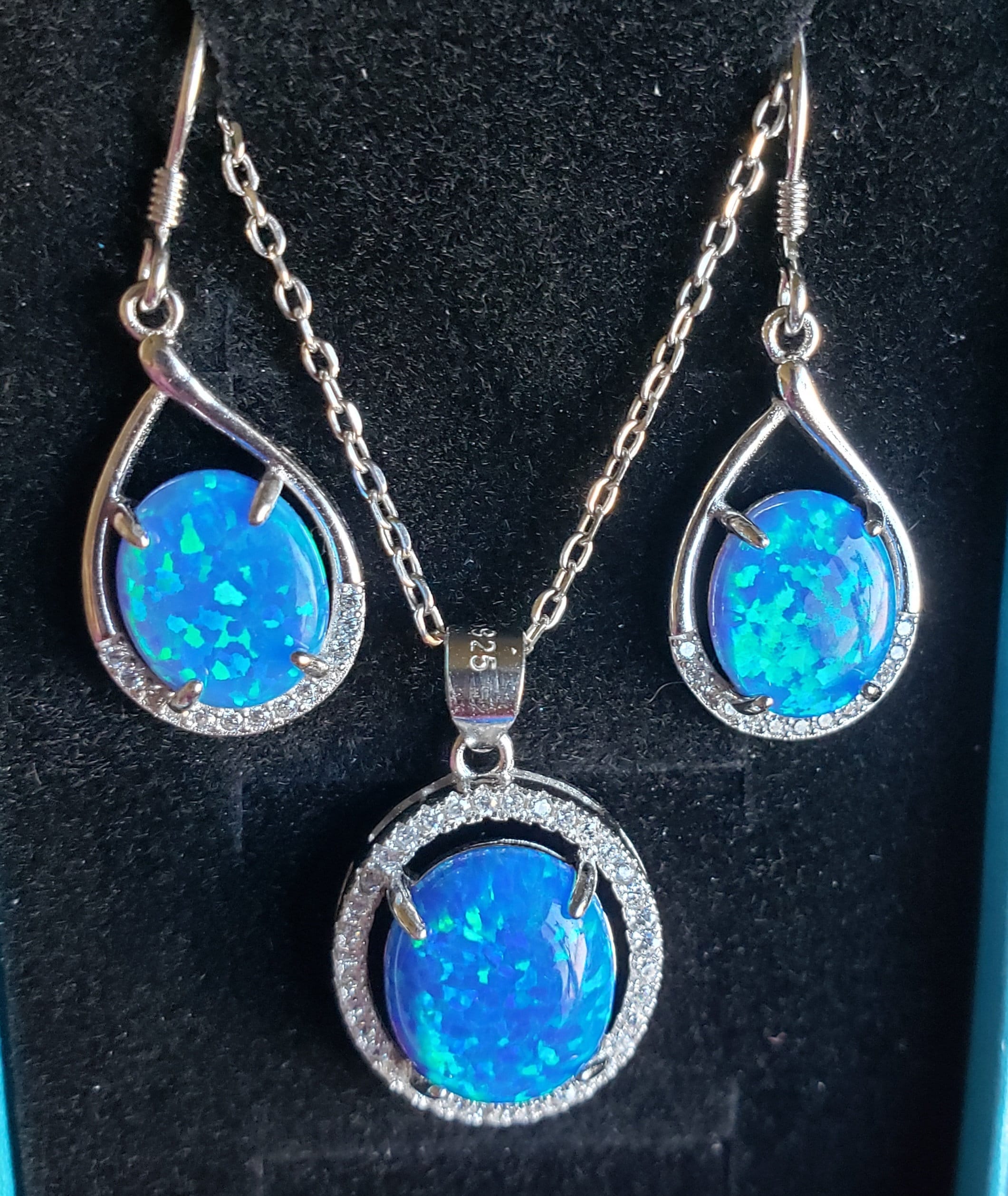 Blue opal necklace and earring cheap set