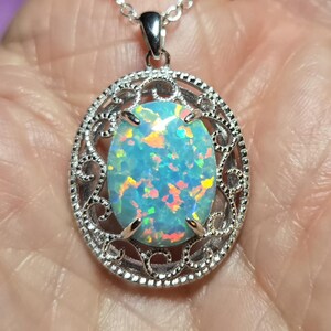 Teal Mint Opal Sterling Rococo Necklace, 12x16mm Lab Created Opal, 925 Sterling Rococo Necklace