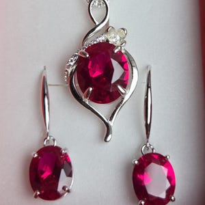 Deep Red Ruby Necklace/Earring Set, See Video! 10x12mm/8x10mm Lab Grown Gems, 925 Sterling Settings, 18" Chain, Choice Of Ear Wire Styles image 6